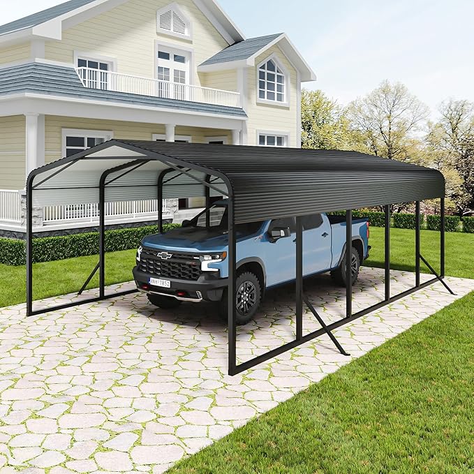 Unovivy 15x25 FT Metal Carport, Large Outdoor Heavy Duty Carport with Galvanized Steel Roof and 4 Support Feet, Spacious Vehicle Shelter for Cars, Boats, RVs, and Outdoor Equipment