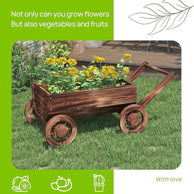 Wooden Flower Cart with Wheels Wooden Wagon Planter Outdoor Garden Planter Decor Planter for Patio Balcony Trolley Decoration Succulent Flower Pot, Indoor Backyard Balcon Decor（L）