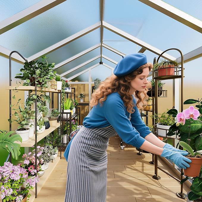 8×12 FT Greenhouse, Large Walk in Greenhouses for Outdoors and Garden Planting, Polycarbonate Greenhouse with Enhanced Aluminum Frame, Green Houses with Quick Setup Structure and Roof Vent, Silver