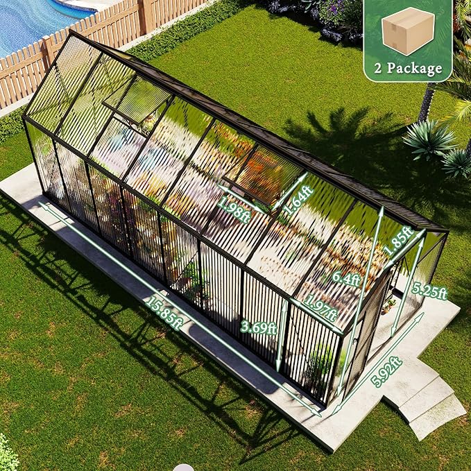 AMERLIFE 6x20 Ft Polycarbonate Greenhouse for Outdoors, Walk-in Design with Aluminum Frame, 2 Windows and Swing Door, Heavy-Duty Greenhouse Construction for Garden, Black