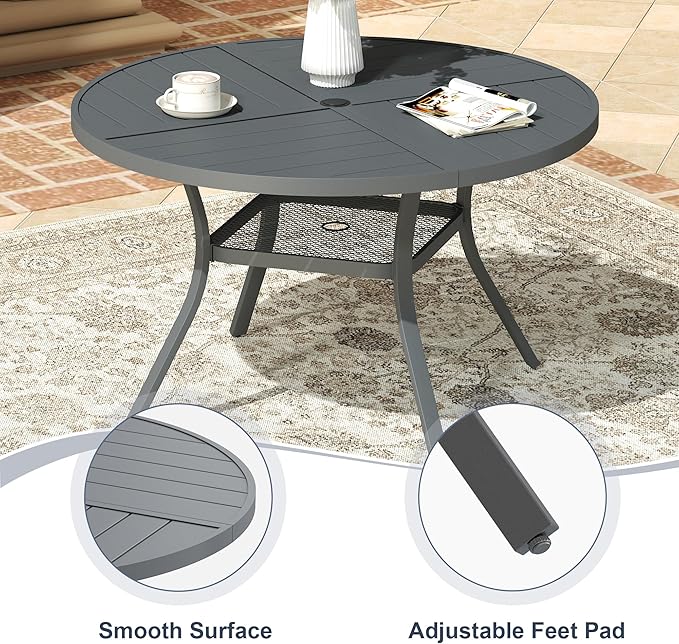 VICLLAX Round Patio Dining Table, 4-6 Person Metal Outdoor Dining Table with Umbrella Hole and Storage Shelf for Garden Lawn Deck, 47.2" Dark Grey