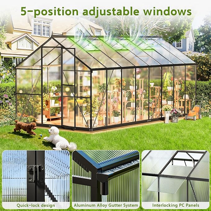 Wanan 16x8FT Greenhouses for Outdoors, Quick Assembly Polycarbonate Green House with UV Protection, Heavy Duty Windproof Aluminum Frame, Adjustable Roof Vent for Backyard or Outdoor Garden Use