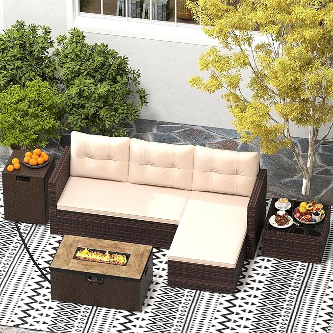 Tangkula 5 Pieces Patio Furniture Set with 32” Fire Pit Table and Propane Tank Cover, Outdoor Wicker Cushioned Sectional for Deck, Backyard, Fire Pit Protective Cover Included (Beige)