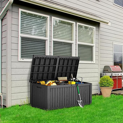 180 Gallon Resin Deck Box, Waterproof Outdoor Storage Box for Patio Furniture, Garden Tools, and Pool Accessories, Lockable UV-Resistant Storage Bin Bench Cabinet for Outside, Black