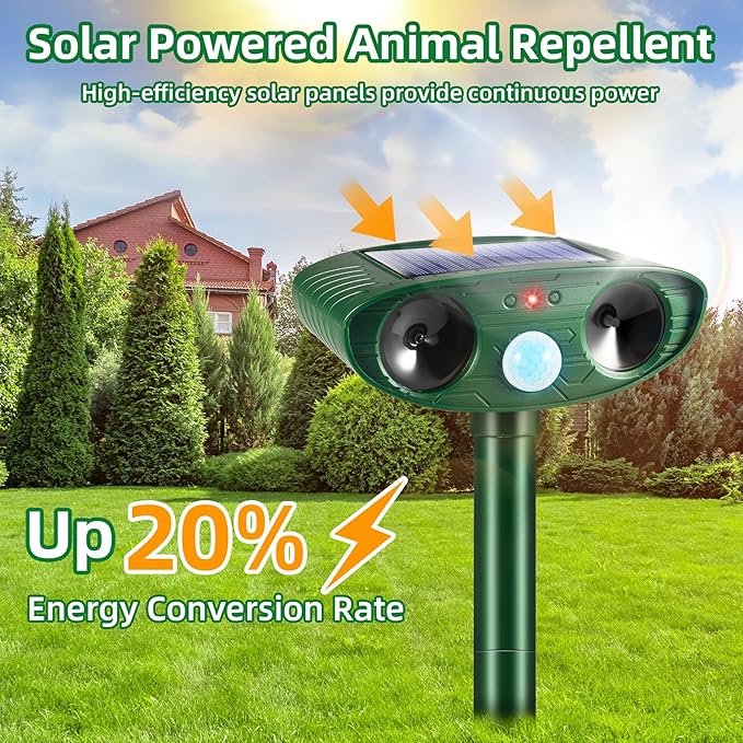 4 Pack 2026 Solar Ultrasonic Animal Repellent Outdoor Cat Squirrel Deer Repellent Devices Rabbit Deterrent for Garden,Animal Repeller with Motion Sensor for Dog Skunk Raccoon Rabbit Rodent