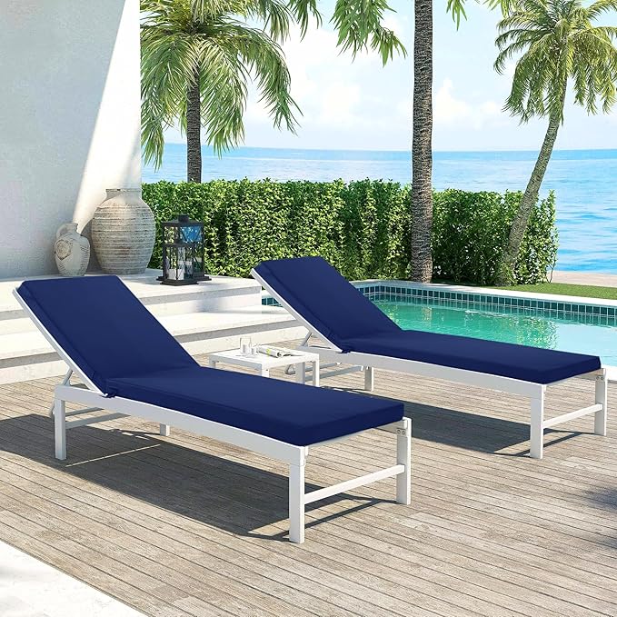 Chaise Lounge Cushions Outdoor Set of 2 - Waterproof and Fade Resistant Sun Lounger Replacement Cushions - Patio Lounger Pads with Removable Cover for Pool, Deck, 80 x 26 x 3 Inch, Navy