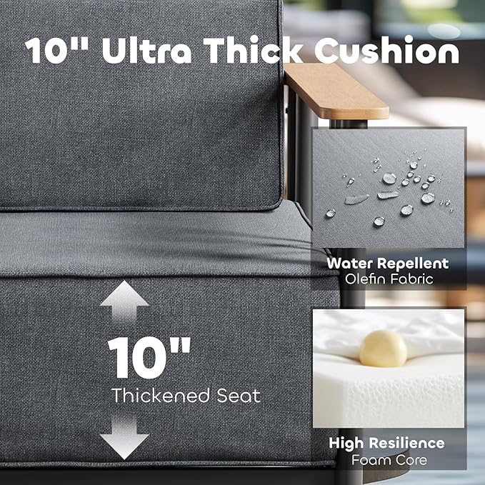 Luxury Patio Furniture Set with 10" Extra Thick Cushions, 6 PCS Outdoor Furniture Set with Patio Chairs & Couch & Coffee Table, Suitable for Porch, Balcony, Deck, Yard, Poolside, Black/Grey