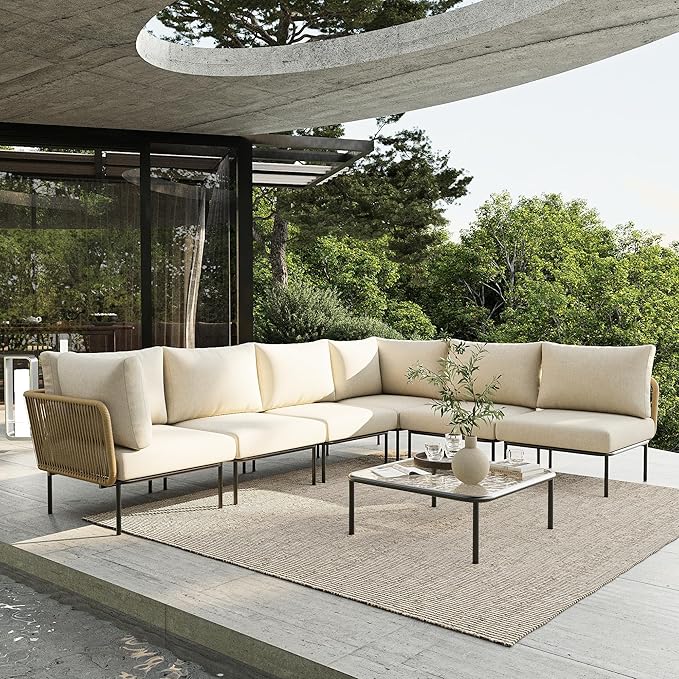7 Piece Modern Outdoor Rope Wicker Sectional Patio L-Shaped Conversation Sofa Set Deep Seating with Thick Cushions