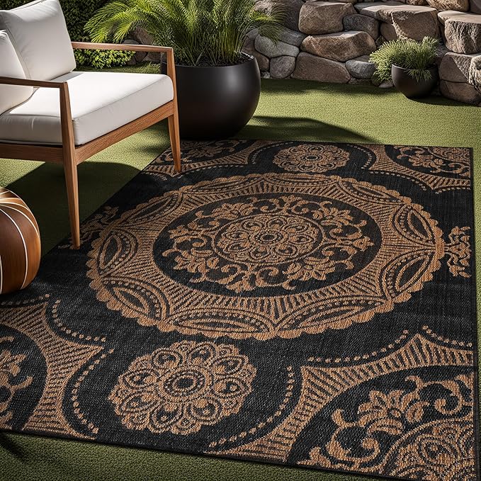 Medallion Outdoor Rug 9x12 Washable Outside Carpet for Indoor Patio Porch Waterproof Easy Cleaning Non Shedding Area Rugs Nut Brown 9 x 12