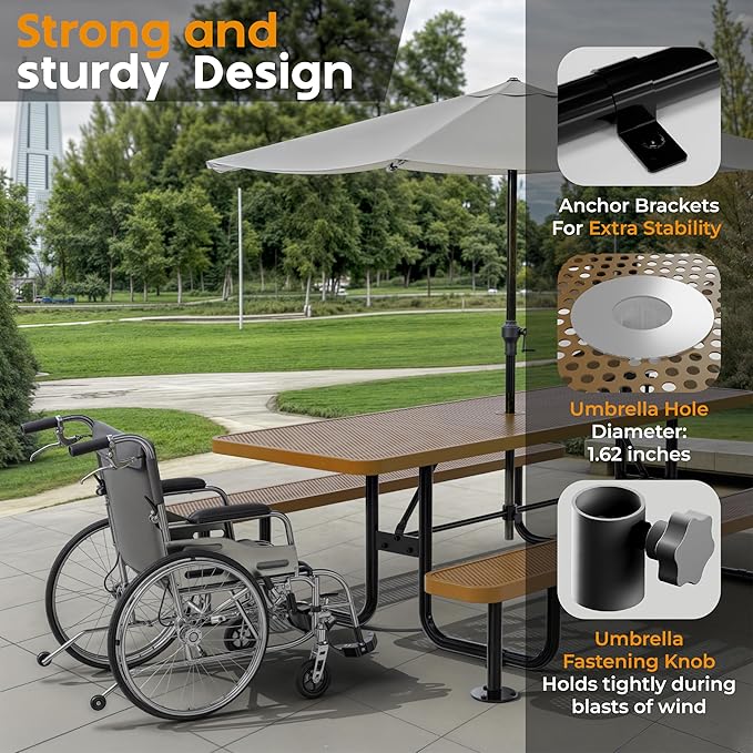 Commercial Heavy-Duty Metal Picnic Table - ADA Compliant, Adjustable Seats, Umbrella Hole (Brown, 8' Rectangular, Punched Steel)