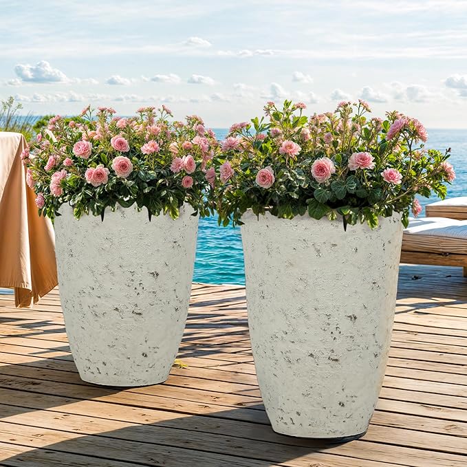19.5" Plant Pots Tall Resin Planters for Plants Set of 2 Outdoor Country Large Flower Pot Front Porch Decor Handmade Birch Bark Texture Heavy-Duty Weather-Resistant Home Garden Indoor White