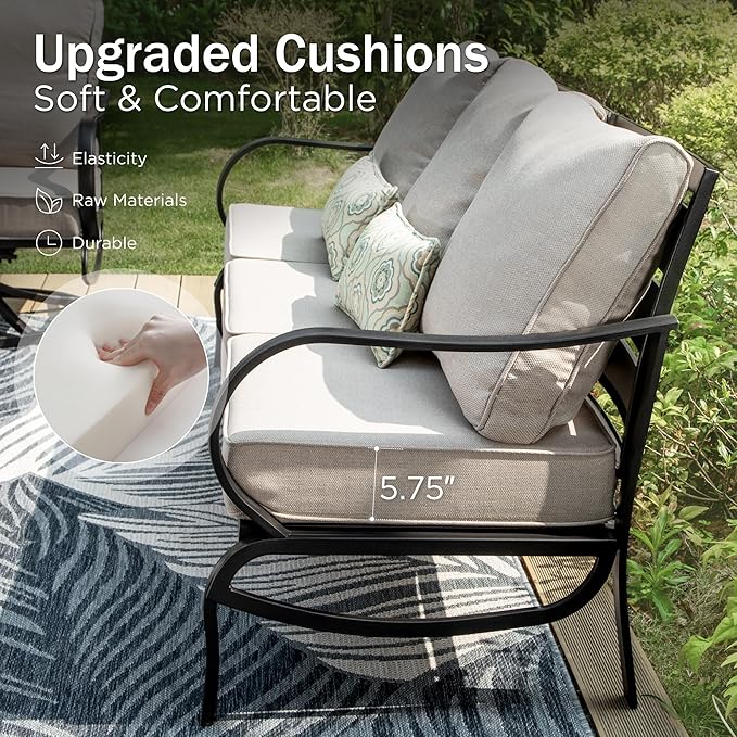 PHI VILLA 5 Pcs Patio Furniture Set with 1 x 72 Padded Deep Seating Bench Sofa, 2 x Cushioned C-Base Sofa Chairs and 2 x Metal Cushioned Ottoman, Outdoor Deluxe Furniture Patio Set for Backyard