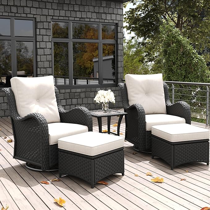 LayinSun 5 Pieces Outdoor Patio Furniture Set, Rattan Wicker Swivel Rocker Chairs Sets with Ottomans, Swivel Glider Chairs, and Coffee Table