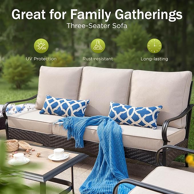 PHI VILLA Outdoor Modern Patio Furniture Set, Upgraded Wicker&Metal Patio Furniture Conversation Set with Waterproof Thick Cushions for Porch, Poolside, Deck, and Yard (6 Pieces,Beige)