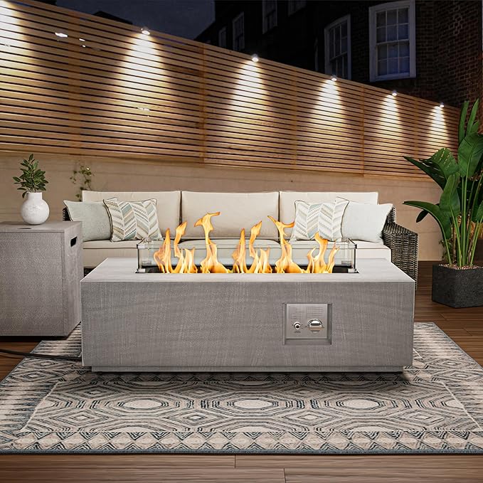 Dineli 2-Piece Outdoor Propane Fire Pit Table Set w Tank Table 42'' Rectangular Firepit Gas Fire Pits for Outside Patio Fire Table Tabletop Fire Pits, 50,000 BTU, Light Gray