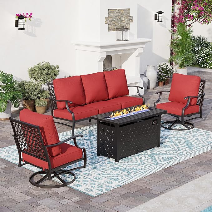 SUNSHINE VALLEY 4 Piece Metal Outdoor Patio Furniture Sets with 5000 BTU Firepit Table, Patio Conversation Sets 1 3-Seater Sofa, 2 Swivel Chair with 5.75" Thick Cushion, Black Backyard Furniture, Red