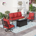 SUNSHINE VALLEY 4 Piece Metal Outdoor Patio Furniture Sets with 5000 BTU Firepit Table, Patio Conversation Sets 1 3-Seater Sofa, 2 Swivel Chair with 5.75" Thick Cushion, Black Backyard Furniture, Red