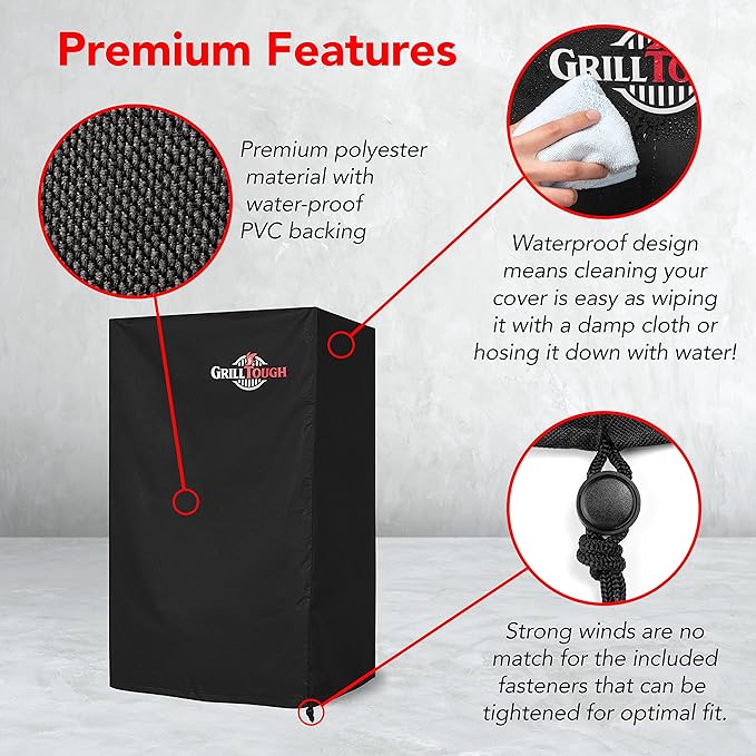 GrillTough Heavy Duty Smoker Cover, 30 Inch – Waterproof, Weather Resistant, UV & Fade Resistant with Adjustable Straps – BBQ Cover for Flat Grill, Black