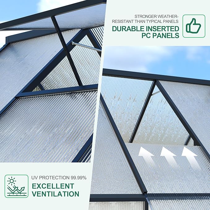 Polycarbonate Greenhouse for Outdoors, Large Walk-InGreenhouse with Quick Setup Structure and Roof Vent, Greenhouse with Ventilation