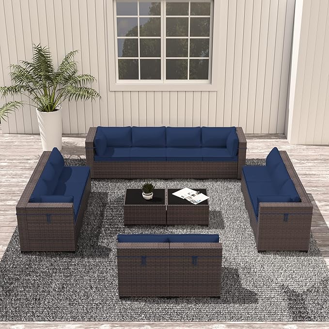 Outdoor Patio Furniture Set, 14 Pieces Outdoor Sectional Furniture Patio Sofa, All-Weather PE Rattan Patio Conversation Set with Tempered Glass Top Table & Cushions(Dark Blue).