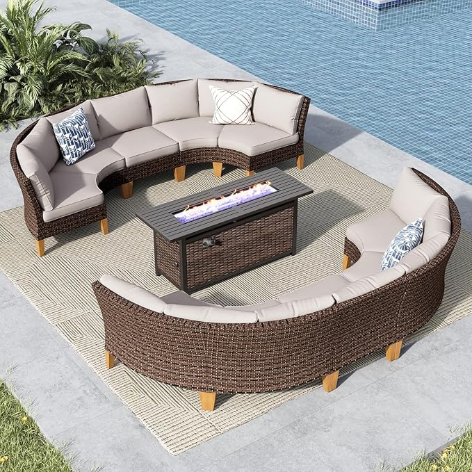 MFSTUDIO 11 Pieces Extra Large Wicker Patio Furniture Set, All-Weather Rattan Half-Moon Patio Conversation Sectional Sofa Set with 56" Fire Pit Table, 8 x Curved Sofa, 2 x Armless Sofa(Beige Cushion)
