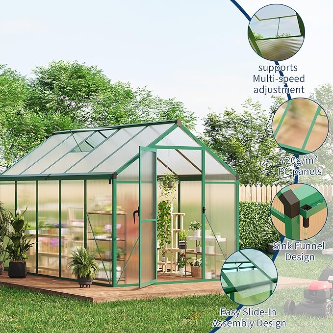 6 x 10 ft Greenhouse, Greenhouses for Outside, Polycarbonate Greenhouse with Aluminum Frame, Lockable Door and Ajustable Roof Vent for Backyard, Green Houses for Outside Garden Backyard, Patio