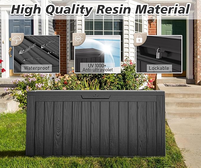 NUNU LAB 75 Gallon Outdoor Storage Box,Deck Box Resin Large Sturdy, Backyard Outside Storage Box Waterproof with Double Wall Panels,Package Delivery Box,Garden Outdoor Hose Storage Bin