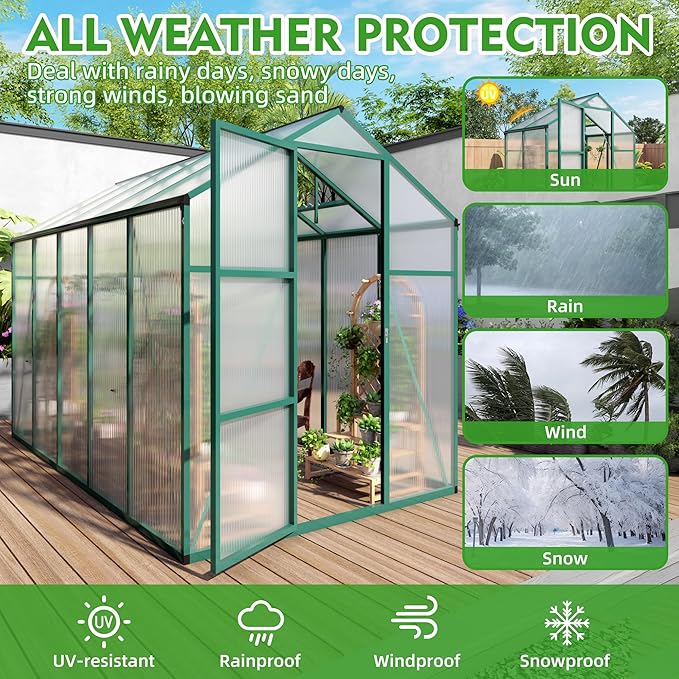 KEIKI Aluminum 6x10 FT Walk-in Polycarbonate Greenhouse, Outdoor Gardening Greenhouse with Raised Base, Roof Vent & Weather-Resistant Panels, Green