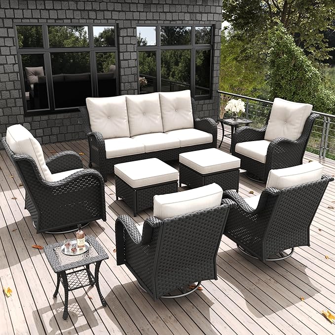 LayinSun 9 Pieces Outdoor Patio Furniture Set, Rattan Wicker Sectional Swivel Rocker Chairs Sets with Ottomans, Swivel Glider Chairs and Coffee Table