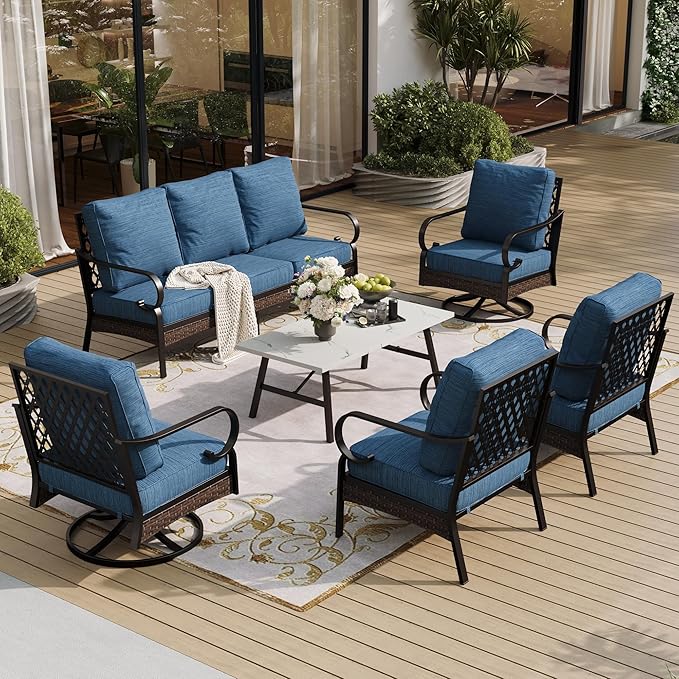 SUNSHINE VALLEY 6 Piece Metal Outdoor Patio Furniture Set - 1 3-Seater Sofa, 2 Fixed & 2 Swivel Sofas with 5.75" Thick Cushion & Coffee Table - Black & Blue