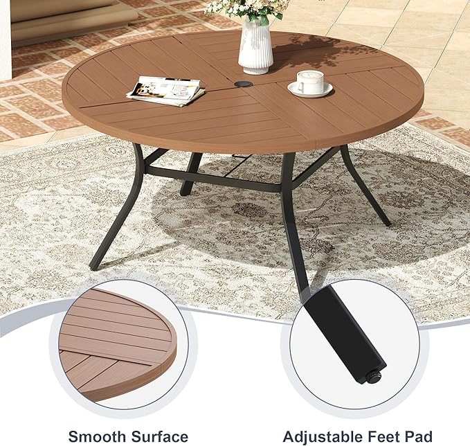 VICLLAX Round Patio Dining Table, 6 Person Metal Outdoor Dining Table with Umbrella Hole and Storage Shelf for Garden Lawn Deck, 50" Walnut