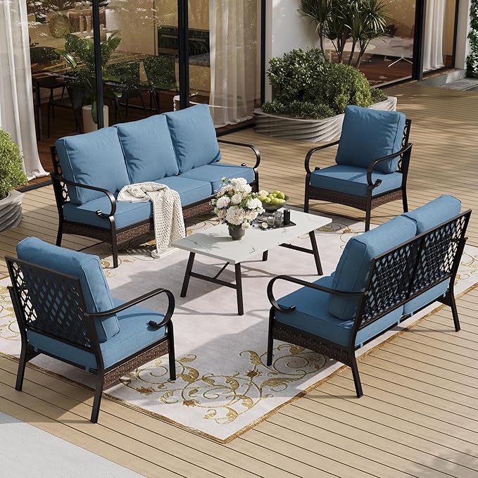 SUNSHINE VALLEY 5 Piece Metal Outdoor Patio Furniture Set, Patio Conversation Sets with 3-Seater Sofa, Loveseat, 2 Fixed Sofa (5.75" Thick Cushion) & Coffee Table Black Backyard Furniture, Denim Blue