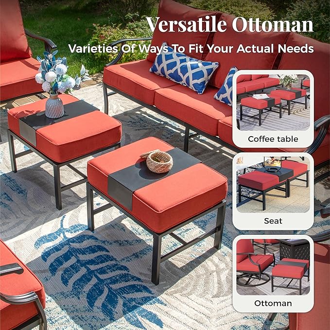 Patio Furniture Set, 6 Pcs Metal Outdoor Conversation Set, 2 Swivel Chairs, 2 Ottomans and 3 Seater Sofa with 5.75" Extra Thick Cushion and Gas Fire Pit Table, Red