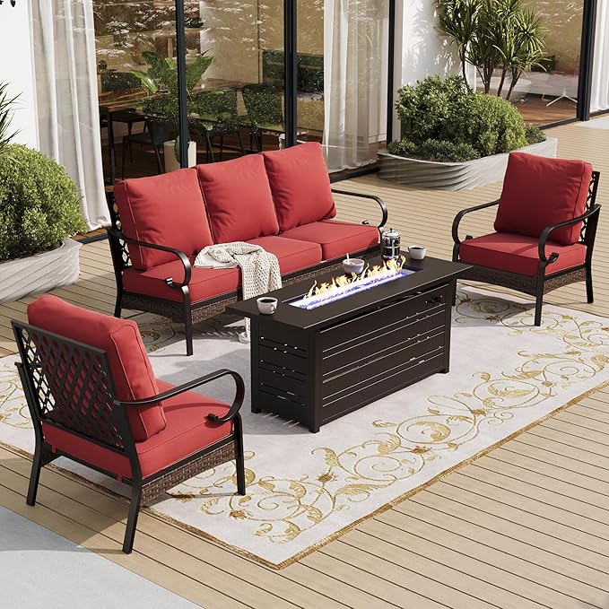 SUNSHINE VALLEY 4 Piece Black Metal Outdoor Patio Furniture Sets with Firepit Table, Patio Conversation Sets 1 3-Seater Sofa, 2 Chairs with 5.75" Thick Cushion Backyard Furniture for Deck, Rust Red
