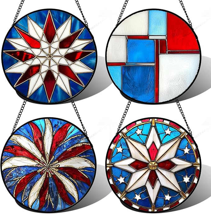 AMDERVEN Stained Glass Window Hanging 4 Pcs Set Abstract Flowers In Red White Blue Large 11.8" - Suncatcher Door Garden Sun Catcher Decor Birthday Mother's Day Xmas Gift for Mom Woman Nana Men Parents