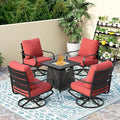 PHI VILLA 5 Piece Patio Furniture Set with 28" Firepit Table, 4 Outdoor 5.75" Cushioned Metal Frame Swivel Sofa Chairs & 28" Gas Firepit Table, Outside Furniture Set for Lawn Garden(Red)