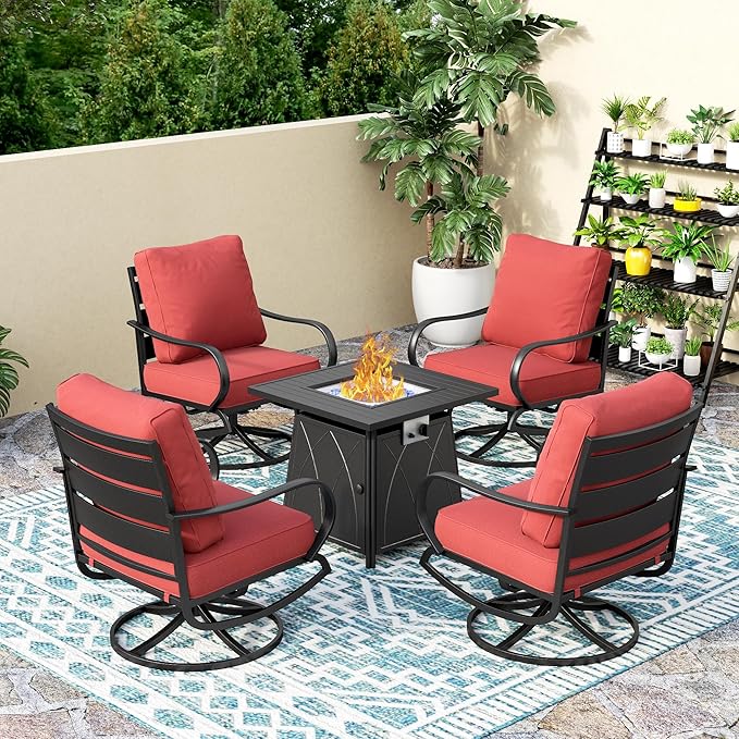 PHI VILLA 5 Piece Patio Furniture Set with 28" Firepit Table, 4 Outdoor 5.75" Cushioned Metal Frame Swivel Sofa Chairs & 28" Gas Firepit Table, Outside Furniture Set for Lawn Garden(Red)