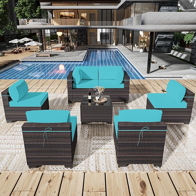 Outdoor Patio Furniture Set, 7 Pieces Outdoor Sectional Furniture Patio Sofa, All-Weather PE Rattan Patio Conversation Set with Tempered Glass Top Table & Cushions-Green Blue