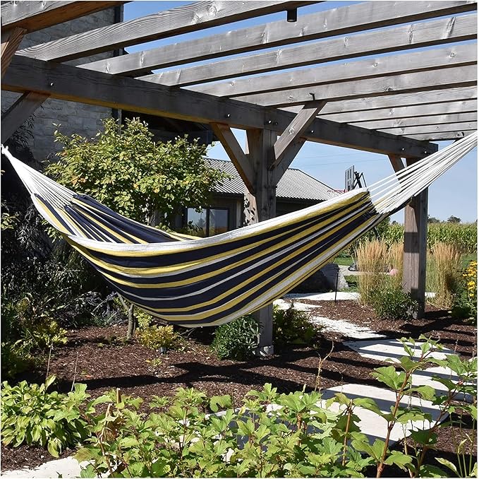 Vivere Brazilian Style Double Cotton Hammock with Polyester End Strings, 450 lb Weight Capacity (Serenity)