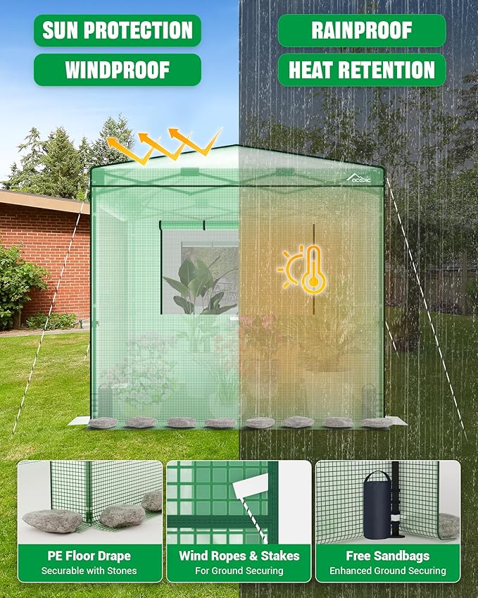 8x6 Instant Pop up Greenhouses, Indoor Outdoor Portable Greenhouse Walk-in, Small Green House for All Season with Roll-Up Zipper Doors and Side Windows, 4 Sandbags, Pe Cover, Green/Clear