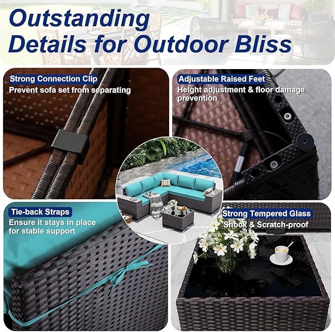 Outdoor Patio Furniture Set, 6 Pieces Outdoor Sectional Furniture High Backrest Patio Sofa, All-Weather PE Rattan Patio Conversation Set with Coffee Table & Cushions(Teal).