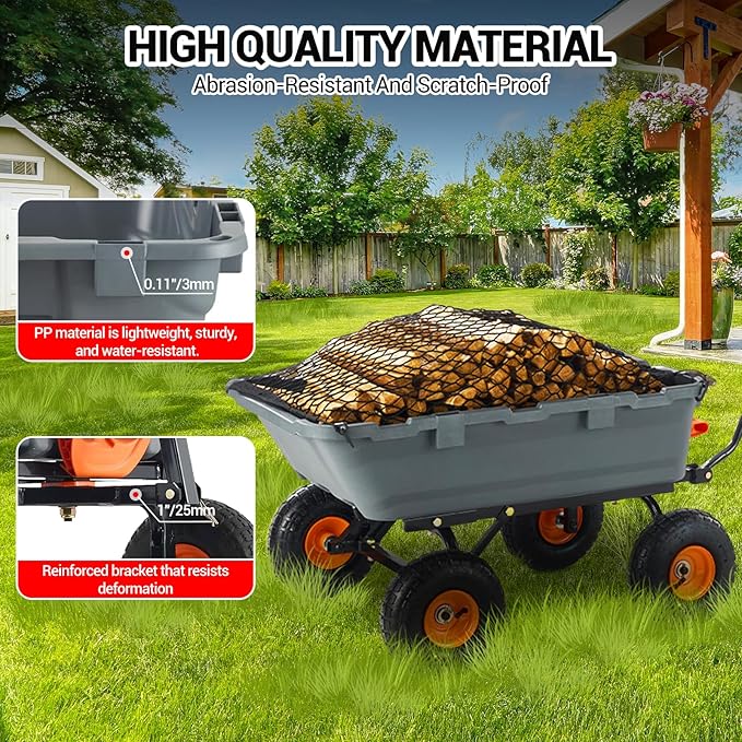 Garden Dump Cart, 800 LB Capacity, Heavy Duty Yard Wagon with All Terrain Tires & 180° Adjustable Handle, Durable Outdoor Gardening Cart for Lawn Yard, Grey
