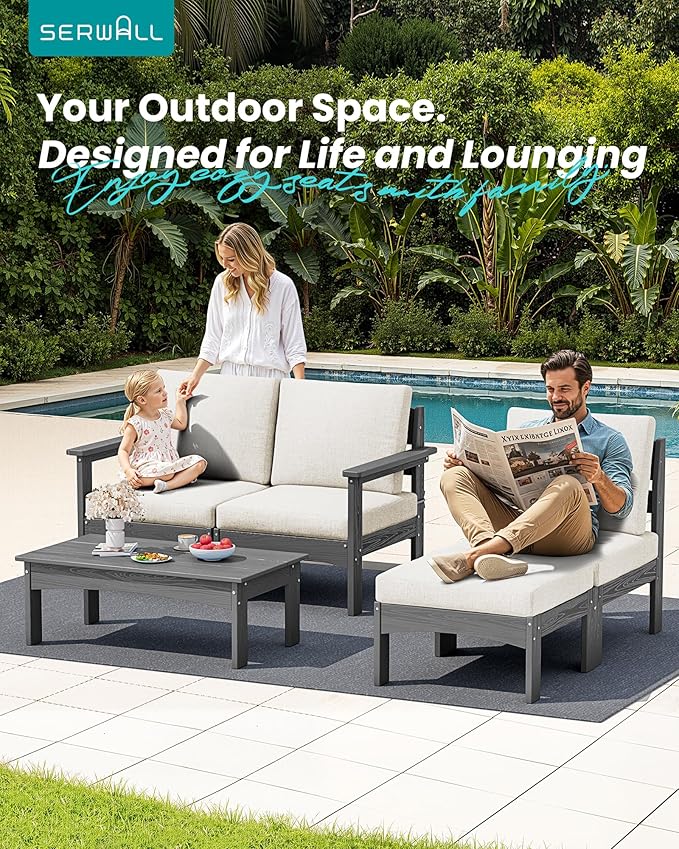 SERWALL 5-Piece Patio Sofas with 15FT Double Side Patio Umbrella, All-Weather HDPE Outdoor Sectional Sofa, Large Modular Patio Conversation Set for Garden, Deck, Porch, Grey Frame with Khaki Cushion