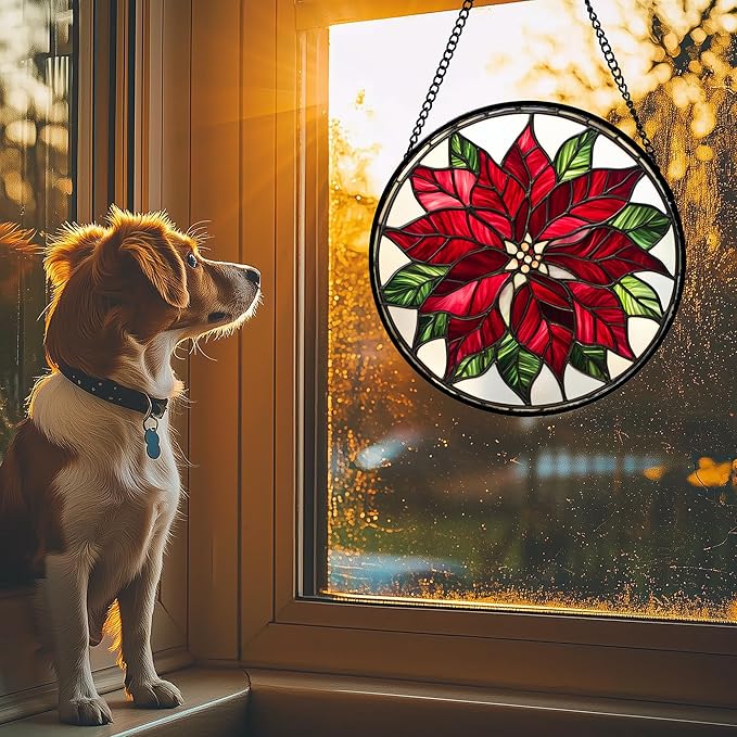 CRISGIF Stained Glass Window Hanging - Red Poinsettia Birth Flower Suncatcher for Door Garden Yard Sun Catchers Decor Christmas Mother's Day Birthday Gifts for Women Mom Nana Friend Men 15 in