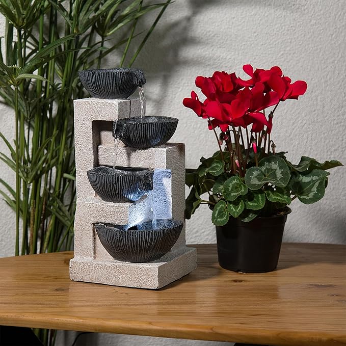 Alpine Corporation WIN1578 14" Cascading Tabletop Bowl Fountain with LED Lights – Elegant Water Fountain for Home, Office, Living Room, Bedroom, and Desk, Gray