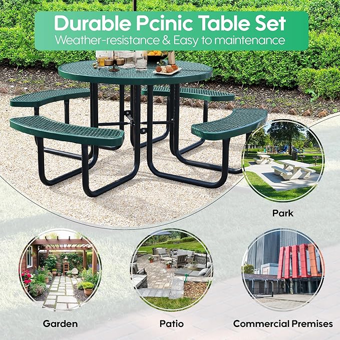 Sunnibety 8-Person Picnic Tables for Outdoors, Industrial 46" Expanded Metal Round Picnic Table with 4 Benches & Umbrella Hole, Outside Table and Bench Set for Park, Garden, Backyard, Patio, Green
