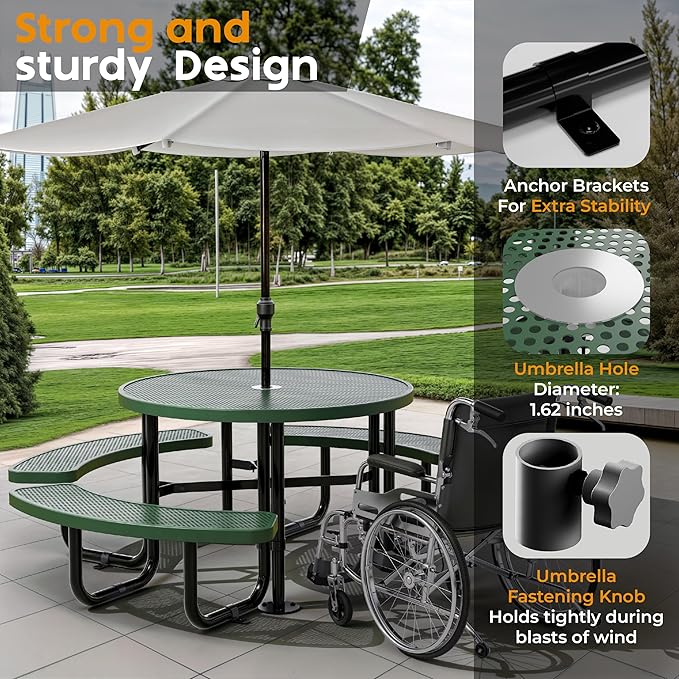 Metal Picnic Tables for Outdoors with Umbrella Hole - Coated Steel Heavy Duty Commercial Grade Furniture Set with Adjustable Seats (Green, 46 in, Round, Punched Steel)