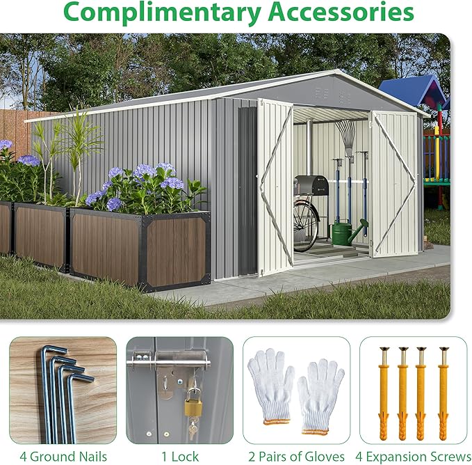 Outdoor Storage Shed, 11 X 13 FT Large Metal Utility Tool Sheds with Floor Frame, Steel Garden Shed for Backyard Garden Patio Lawn