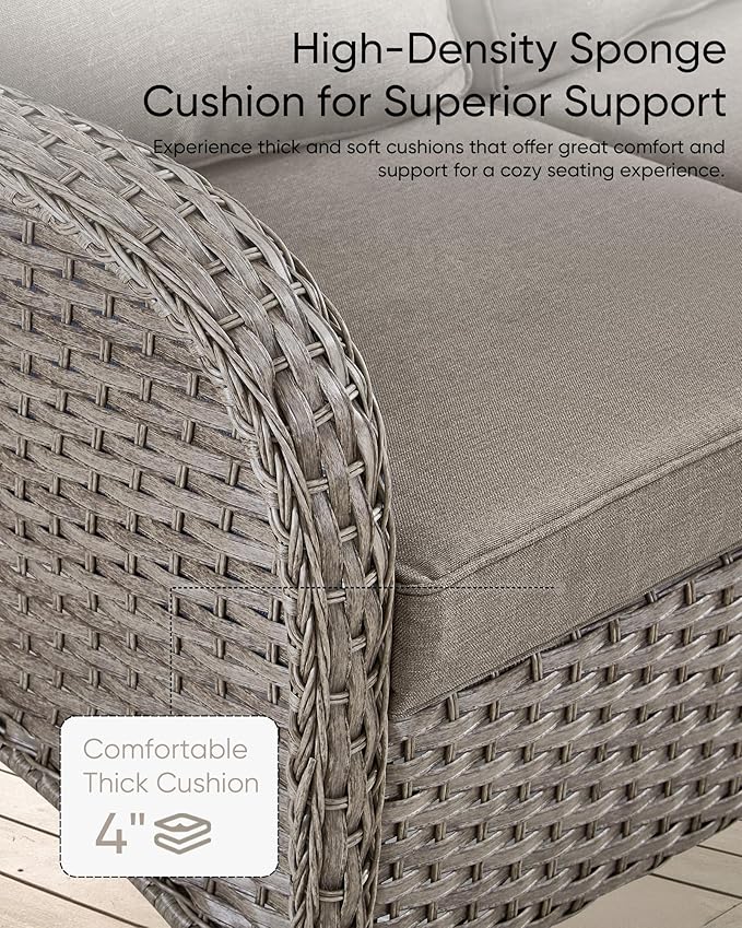 HUMMUH 6 Pieces Outdoor Patio Furniture-PE Rattan Wicker Sofa with Patio Swivel Rocking Chairs Patio Furniture for Deck Lawn Porch Balcony Poolside-Grey/Grey