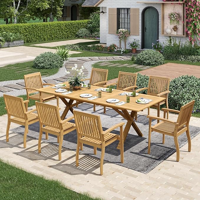 MIXPATIO Acacia Wood Outdoor Dining Set, 9 Pieces Patio Dining Table and Chairs Set, Expandable Dining Table(1.97" Umbrella Hole) and 8 Wooden Chairs, Patio Furniture Set for Deck Poolside Backyard